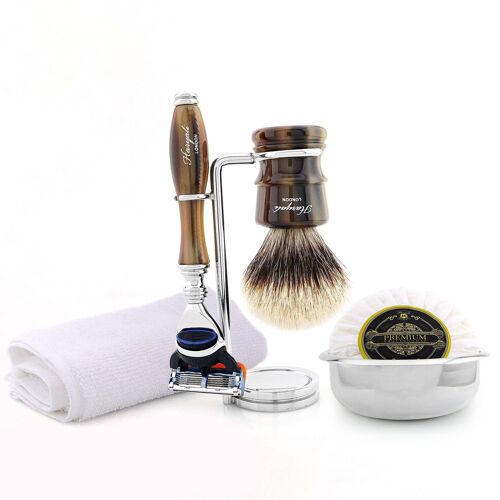 Haryali's Legend Range Shaving Kit - Brown - Silver Tip Badger - 5 Edge Razor