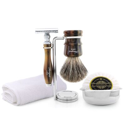 Kit da barba Haryali's Legend Range - Marrone - Super Badger - Rasoio di sicurezza Double Edge