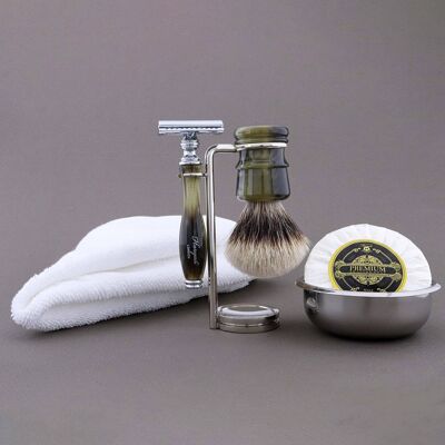 Kit da barba Haryali's Legend Range - Verde - Tasso con punta argentata - Rasoio di sicurezza a doppio bordo