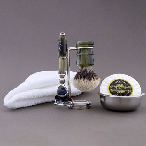Haryali's Legend Range Shaving Kit - Green - Silver Tip Badger - 5 Edge Razor