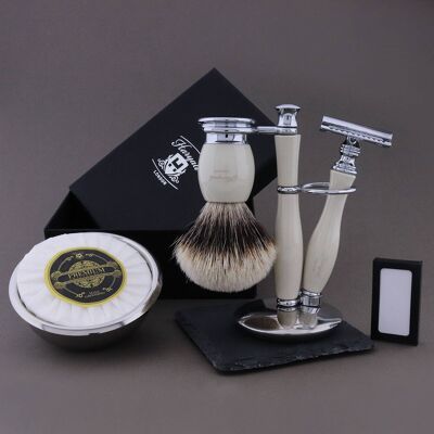 Kit de afeitado Thunder Range de Haryali - Marfil - Tejón de punta plateada - Maquinilla de afeitar de seguridad de doble filo
