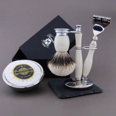 Haryali's Thunder Range Shaving Kit - Ivory - Silver Tip Badger - 5 Edge Razor