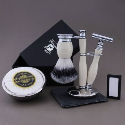 Haryali's Thunder Range Shaving Kit - Ivory - Synthetic Silver Tip - Double Edge Safety Razor