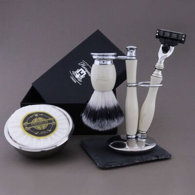 Kit de Rasage Gamme Thunder de Haryali - Ivoire - Pointe Argent Synthétique - Rasoir 3 Tranchants