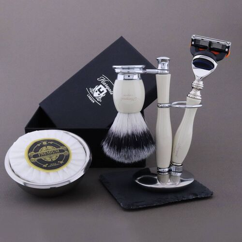 Haryali's Thunder Range Shaving Kit - Ivory - Synthetic Silver Tip - 5 Edge Razor