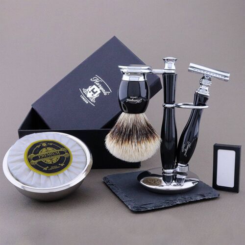 Haryali's Thunder Range Shaving Kit - Black - Silver Tip Badger - Double Edge Safety Razor