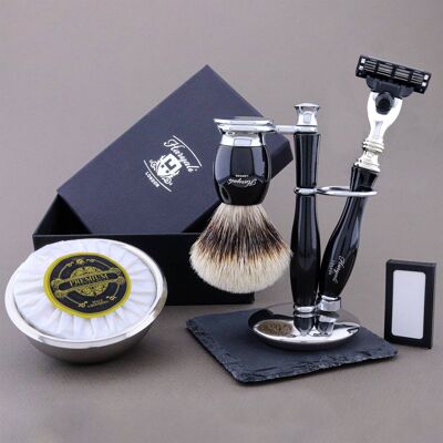 Kit de rasage Haryali's Thunder Range - Noir - Silver Tip Badger - Rasoir 3 tranchants