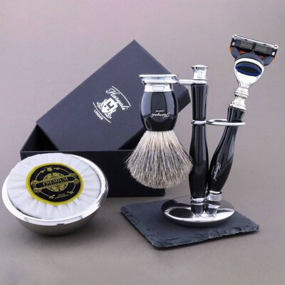 Kit da barba della gamma Thunder di Haryali - Nero - Super Badger - Rasoio a 5 bordi