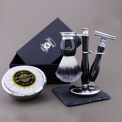 Kit da barba Haryali's Thunder Range - Nero - Punta argentata sintetica - Rasoio di sicurezza Double Edge