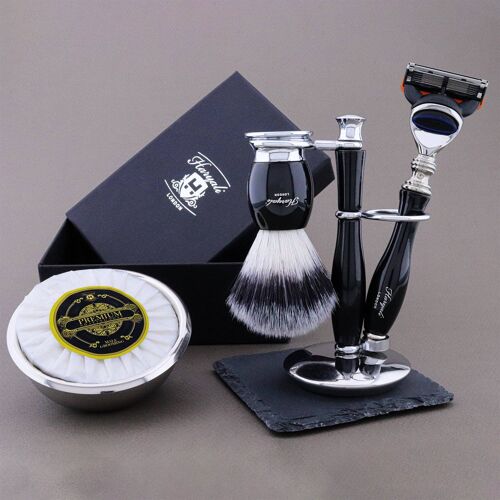 Haryali's Thunder Range Shaving Kit - Black - Synthetic Silver Tip - 5 Edge Razor