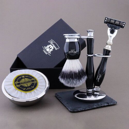 Haryali's Thunder Range Shaving Kit - Black - Synthetic Silver Tip - 3 Edge Razor