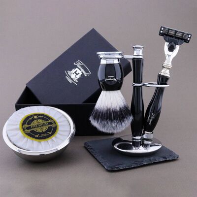 Kit de afeitado Thunder Range de Haryali - Negro - Punta plateada sintética - Maquinilla de afeitar de 3 filos