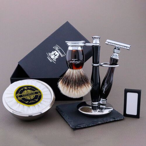 Haryali's Thunder Range Shaving Kit - Red & Black - Silver Tip Badger - Double Edge Safety Razor