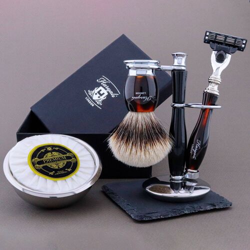 Haryali's Thunder Range Shaving Kit - Red & Black - Silver Tip Badger - 3 Edge Razor