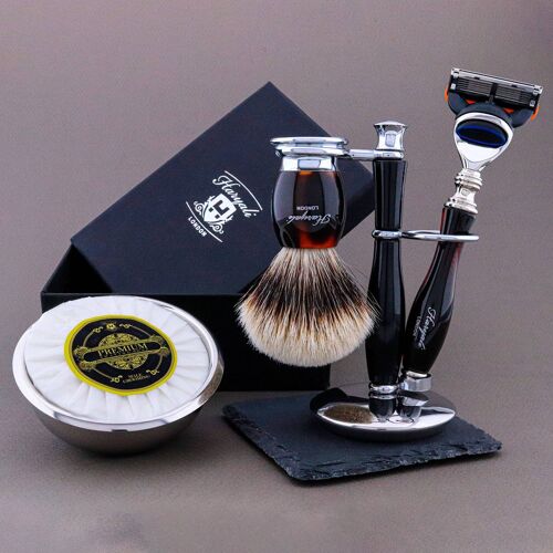 Haryali's Thunder Range Shaving Kit - Red & Black - Silver Tip Badger - 5 Edge Razor