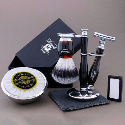 Haryali's Thunder Range Shaving Kit - Red & Black - Synthetic Silver Tip - Double Edge Safety Razor