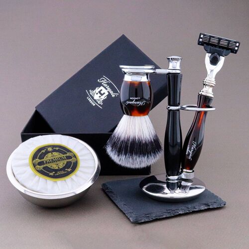 Haryali's Thunder Range Shaving Kit - Red & Black - Synthetic Silver Tip - 3 Edge Razor
