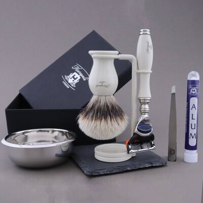 Kit de rasage Haryali's Grace Range - Ivoire - Silver Tip Badger - Rasoir 5 tranchants