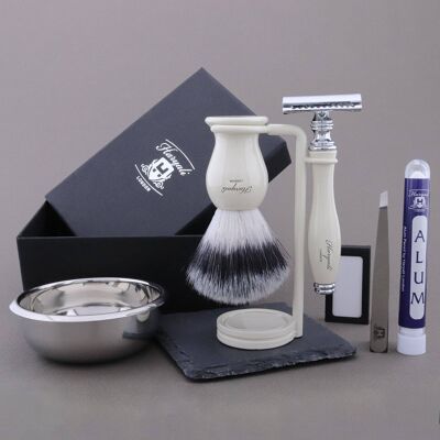 Kit de afeitado Haryali's Grace Range - Marfil - Punta de plata sintética - Maquinilla de afeitar de seguridad de doble filo