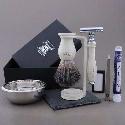 Kit de afeitado Haryali's Grace Range - Marfil - Negro sintético - Maquinilla de afeitar de seguridad de doble filo