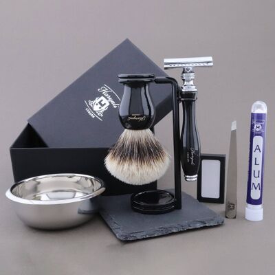 Kit de afeitado de la gama Grace de Haryali - Negro - Tejón de punta plateada - Maquinilla de afeitar de seguridad de doble filo
