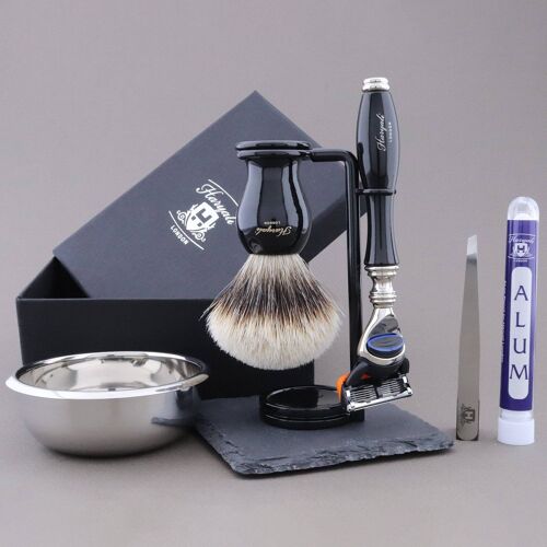 Haryali's Grace Range Shaving Kit - Black - Silver Tip Badger - 5 Edge Razor