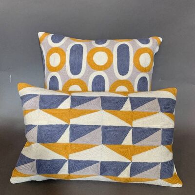 Blue and Ochre Rectangle Kashmiri Crewel Cushion ,