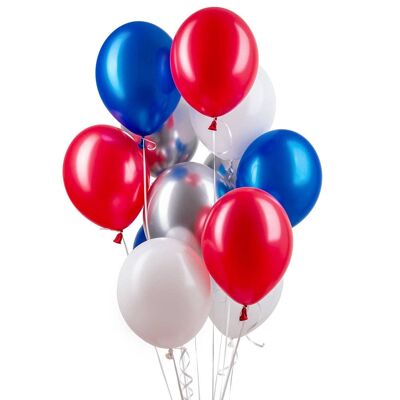 Assortiment de Ballons Latex Argent, Rouge, Bleu Roi et Blanc (x12)