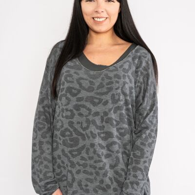 Top antracite con stampa leopardata a maniche lunghe con gilet abbinato