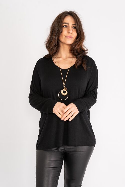 Black light knit top with wide neck and long sleeves