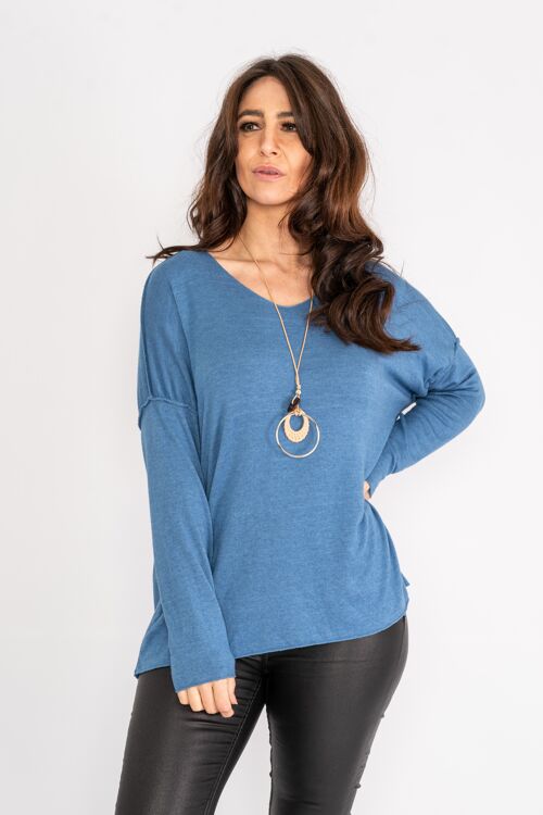 Blue light knit top with wide neck and long sleeves
