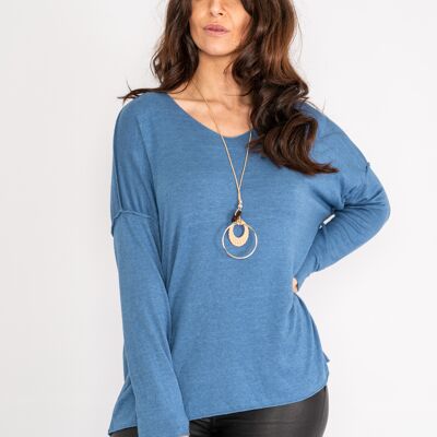 Blue light knit top with wide neck and long sleeves