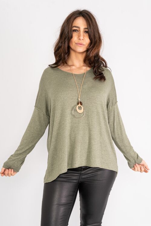 Green light knit top with wide neck and long sleeves