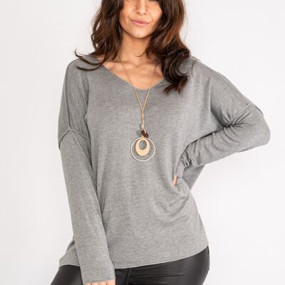 Grey light knit top with wide neck and long sleeves