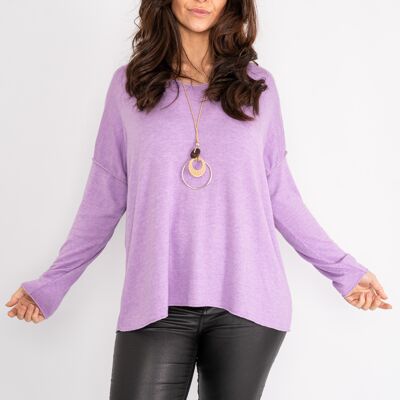 Lilac light knit top with wide neck and long sleeves