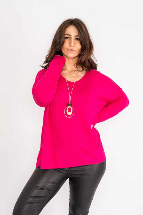 Fuchsia light knit top with wide neck and long sleeves
