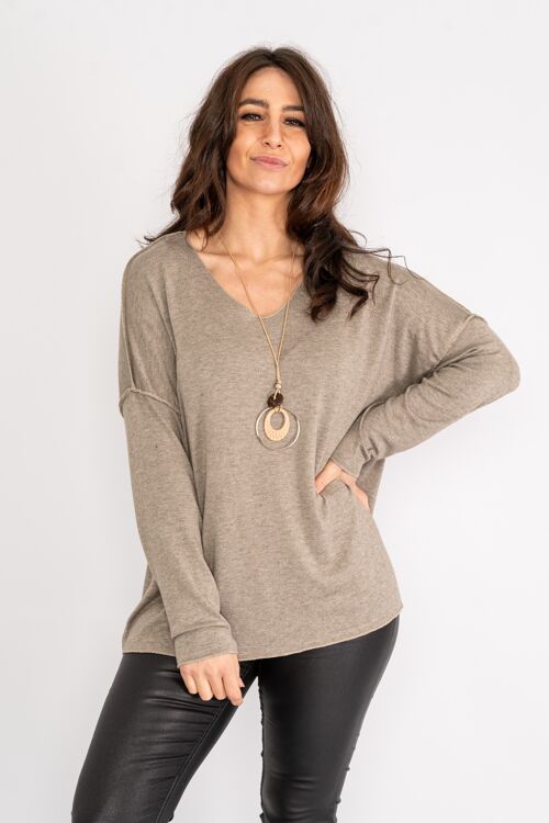 Taupe light knit top with wide neck and long sleeves