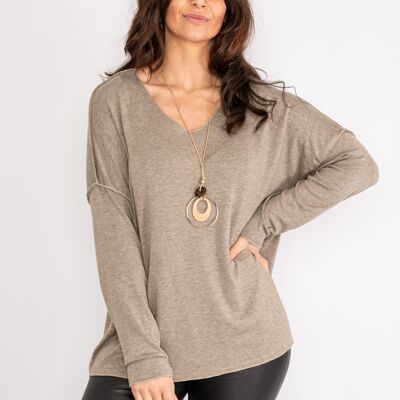 Taupe light knit top with wide neck and long sleeves