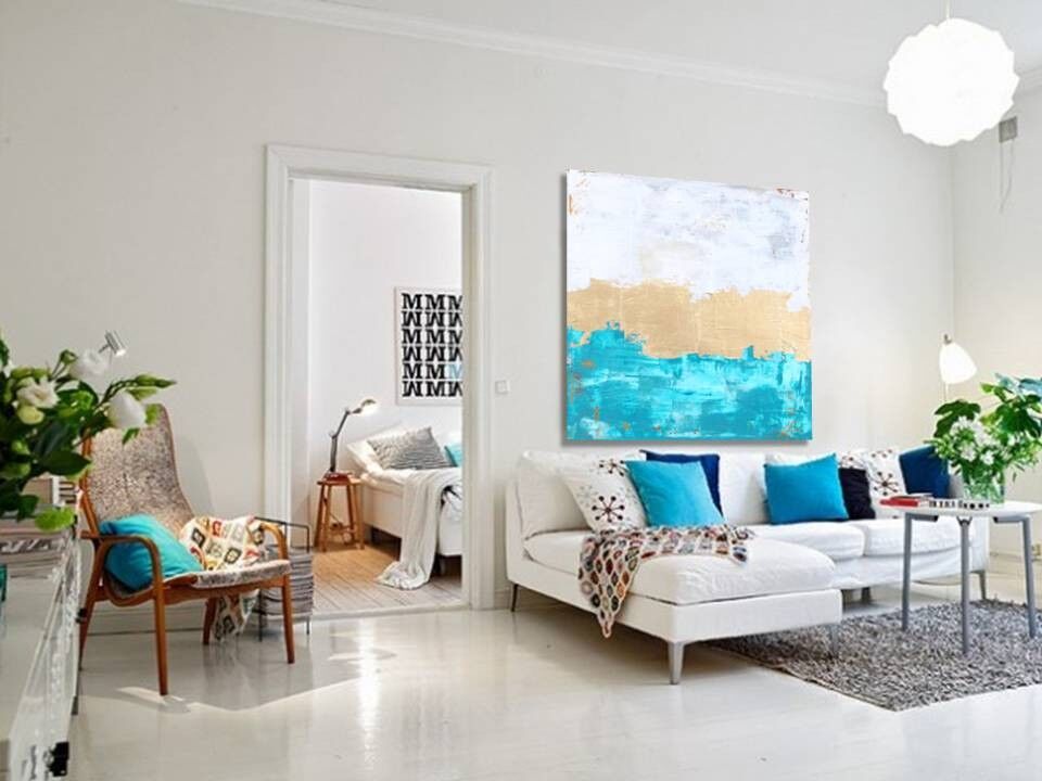 Quadro turchese dorato dipinto a mano