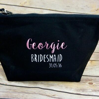 Personalised Bridesmaid make up bag embroidered with name and date