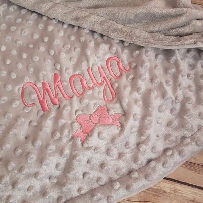 Personalised grey bow design bobble style blanket - pink