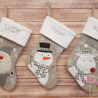 Personalised grey santa, snowman and reindeer design stocking - penguin