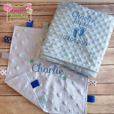Personalised blanket and taggie gift set - blue