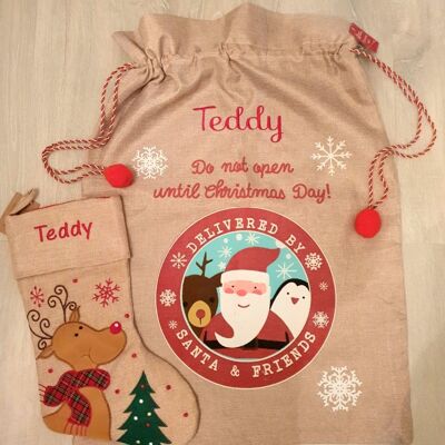 Personalised hessian santa sack and stocking set
