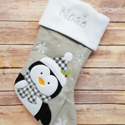 Personalised penguin grey stocking