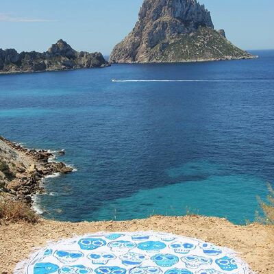 Mycha Ibiza – roundie – rond strandlaken – happy skull – blauw – 100% katoen – badstof