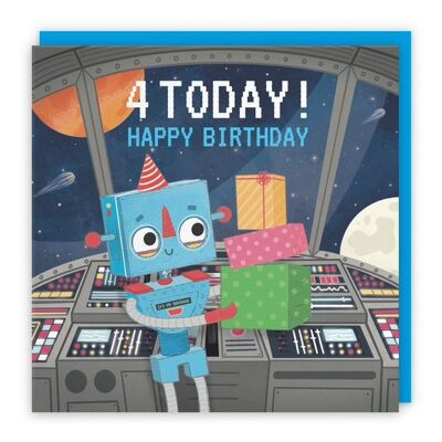 Hunts England Space Robot Boys 4th Birthday Card - 4 Today! - Happy Birthday - Robot On A Spaceship - Children's / Kids Birthday Card - Imagination Collection