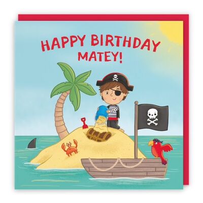 Hunts England Boys Pirate Desert Island Childrens Birthday Card - Happy Birthday Matey - Treasure Chest, Rowing Boat, Shark & Parrot - Imagination Collection