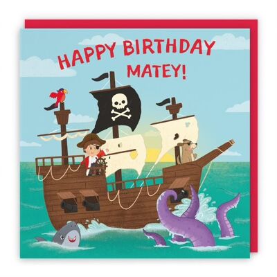 Hunts England Boys Pirate Ship Childrens Birthday Card - Happy Birthday Matey - Pirate Ship On High Seas, Dog, Octopus & Shark - Imagination Collection