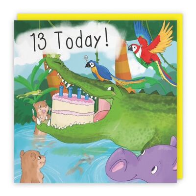 Hunts England Crocodile 13th Birthday Card - 13 Today! - Humorous Crocodile Eating Cake - Boys / Girls - Kids Birthday Card - Jungle Collection